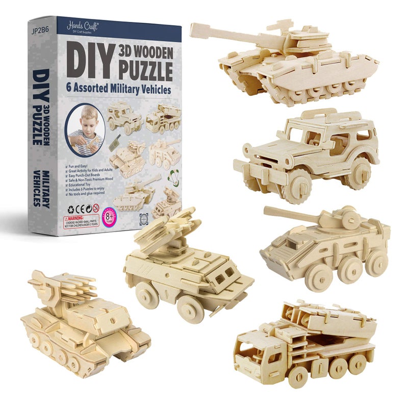 Hands Craft DIY 3D Wooden Puzzle â€“ 6 Assorted Military Vehicles Bundle Pack Set Brain Teaser Puzzles Educational STEM Toy Adults and Kids to Build Safe and Non-Toxic Easy Punch Out Premium Wood JP2B6 - Image 1